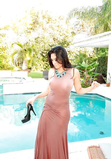 Seductive mexican milf Alejandra Leon in fancy skirt drilled by dick near the pool