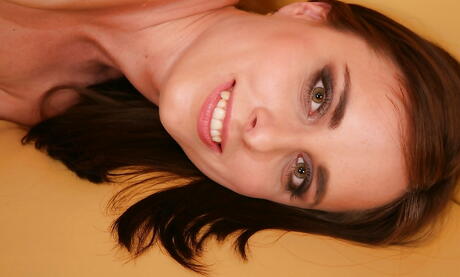 Rangy dark-haired young Laura Cute in sexy skirt uncovers tiny tits and masturbates 